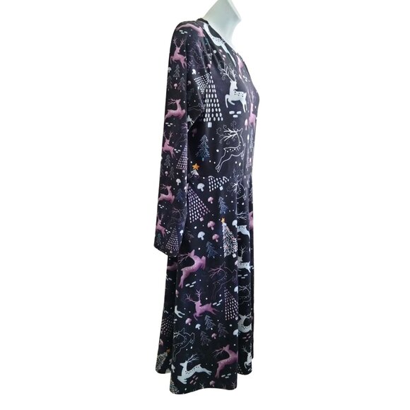 Christmas Plus Size 3XL Dress Pockets Reindeer Print Long Sleeve Swing Holiday - Picture 3 of 10